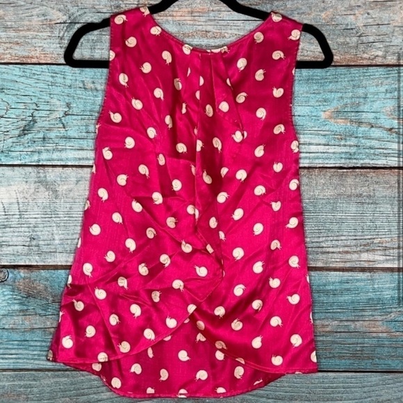 Anthropologie Postmark Silk Top 4 Snail Print Novelty Hot Pink Split Back Ruffle - Picture 1 of 7